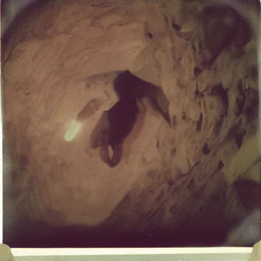 Image similar to a dive bard inside of a cave, old polaroid, expired film,