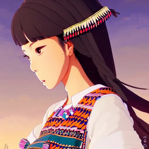 Image similar to a beautiful! plus sized native women instagram model, brown skin, wearing elegant catholic school girl designer fashion with mayan pattern and native style, aztec street fashion, gapmoe yandere grimdark, trending on pixiv fanbox, painted by greg rutkowski makoto shinkai takashi takeuchi studio ghibli, akihiko yoshida