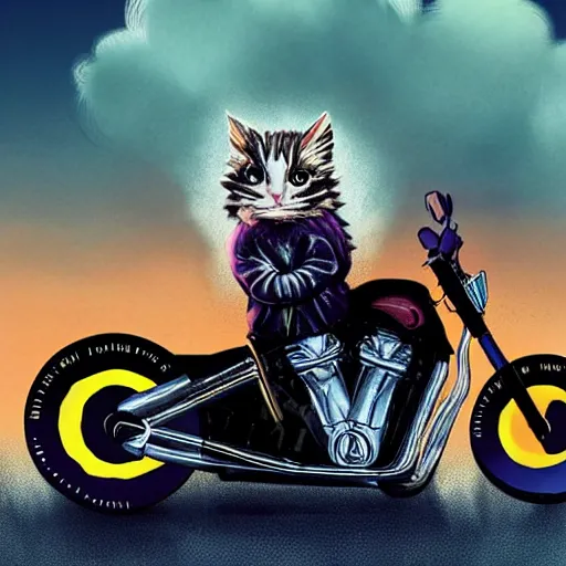 Image similar to wide angle full body, jacket wearing fluffy cute rainbow kitten wearing a black leather motorcycle jacket, riding on a motorcycle, cinematic concept art