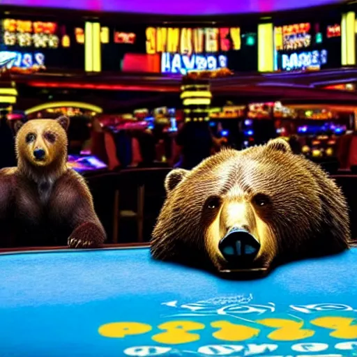 Image similar to film still of a bear in las vegas casino movie 4k