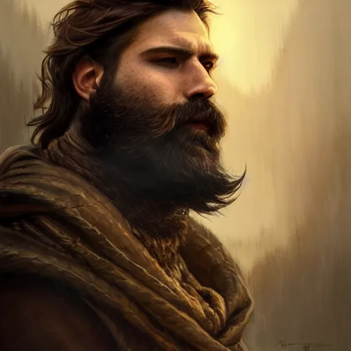 Prompt: brown haired rogue, portrait, rugged, muscular, bearded, male, city landscape, norway, d & d, fantasy, intricate, elegant, highly detailed, digital painting, brown and gold color palette, cloth, octane render, concept art, matte, sharp focus, illustration, herrarthstone, art by artgerm and greg rutkowski and alphonse mucha