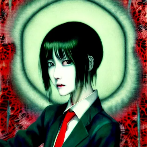 Image similar to yoshitaka amano blurred and dreamy realistic three quarter angle horror portrait of a sinister young woman with short hair, horns and red eyes wearing office suit with tie, junji ito abstract patterns in the background, satoshi kon anime, noisy film grain effect, highly detailed, renaissance oil painting, weird portrait angle, blurred lost edges