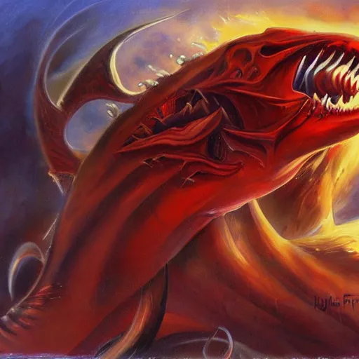 Image similar to detailed wide shot red gyrados in water shooting hyperbeam from fanged mouth angry intricate, hyper detailed, realistic, oil painting, by julie bell, frank frazetta, cinematic lighting