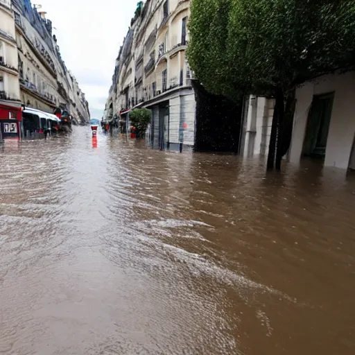Prompt: Paris street flooded by heavy rain. A dachshunds is swimming in the middle of the street flooded