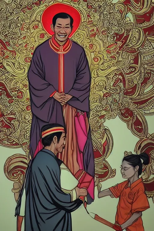 Image similar to saint joko widodo blessing people, sketch and art by jacqueline e, color by bo feng lin