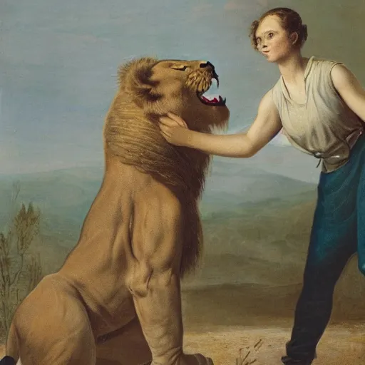 Prompt: woman lifting up a lion