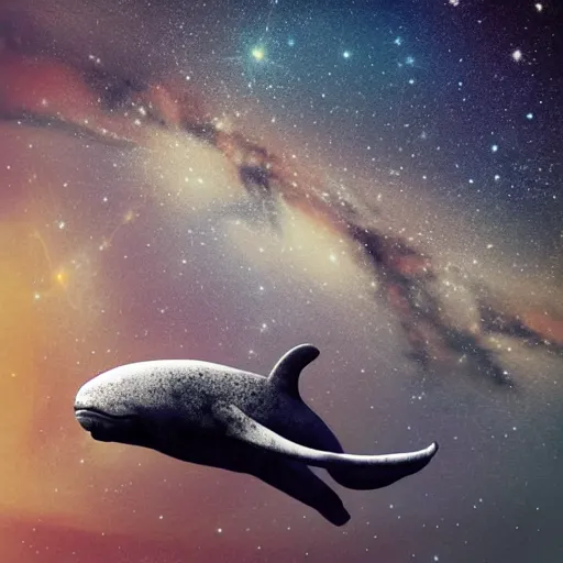 Prompt: portrait of space whale swimming on a dark night sky in space, flying across the universe, galaxies, oniric, dreamy, beautiful, highly detailed, realistic, cinematic, dynamic composition