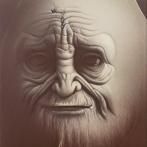 Image similar to Zdzisław Beksiński painting of an evil gnome