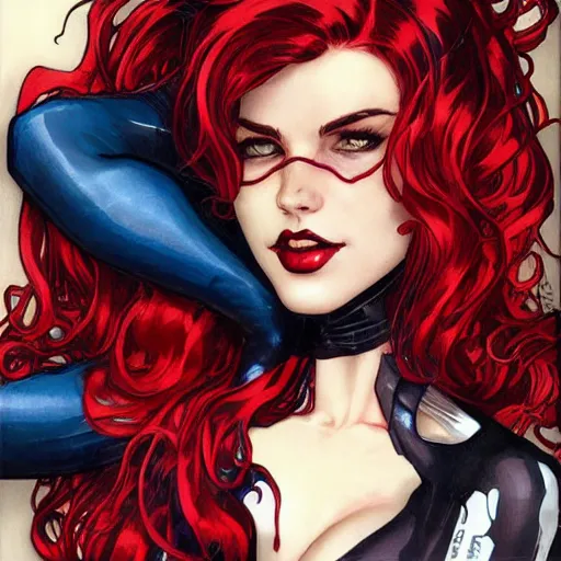 Image similar to catwoman in the style of spiderman, spiderman patterns, red and blue, long red wavy red hair by artgerm and greg rutkowski and alphonse mucha