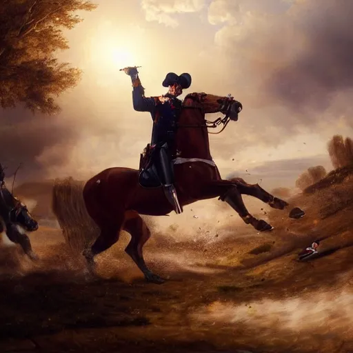 Image similar to gopro footage of napoleon on his horse fighting in waterloo, trending artstation, hyper realistic, very detailed, dramatic scene, realistic lighting, anime, 4 k