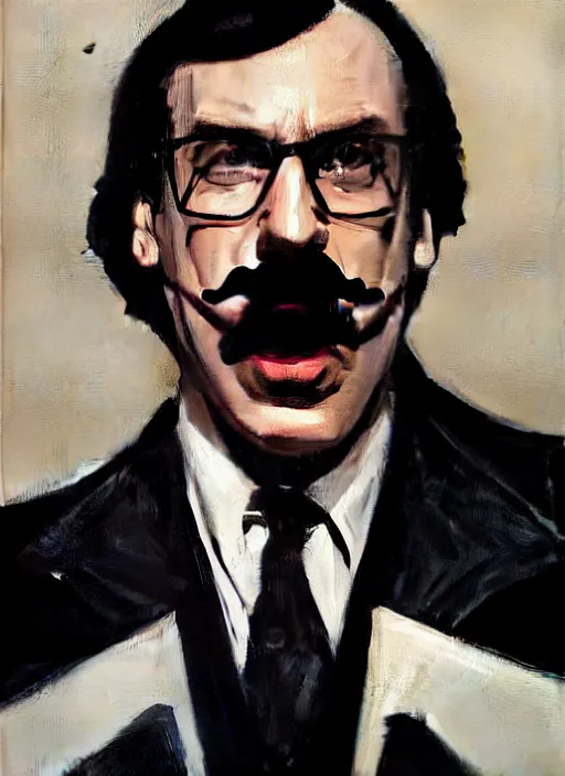 Prompt: saul goodman as gene, glasses mustache, screaming, flailing, action! monochromatic painting by phil hale, fransico goya,'action lines '!!!, graphic style, visible brushstrokes, motion blur, blurry