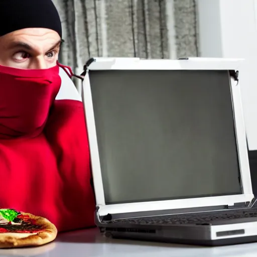 Image similar to Stock photo of a human burglar wearing a ski mask using a pizza box like a laptop, funny, bizzare