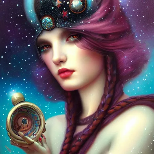 Prompt: cosmic teenage goddess of sparklings by tom bagshaw