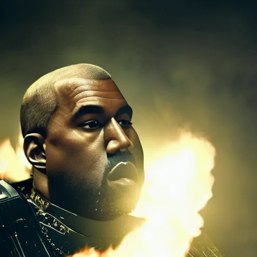 Image similar to Kanye West as the emperor of humanity from warhammer 40k in Gears of War, warzone, battle, splash art, movie still, cinematic lighting, detailed face, face, dramatic, octane render, long lens, shallow depth of field, bokeh, anamorphic lens flare, 8k, hyper detailed, 35mm film grain