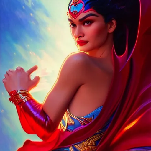 Image similar to pia wurtzbach as darna, volumetric lights, red and cyan theme, art nouveau botanicals, intricate, highly detailed, digital painting, artstation, concept art, smooth, sharp focus, cinematic, illustration, beautiful face, art by artgerm and greg rutkowski and alphonse mucha