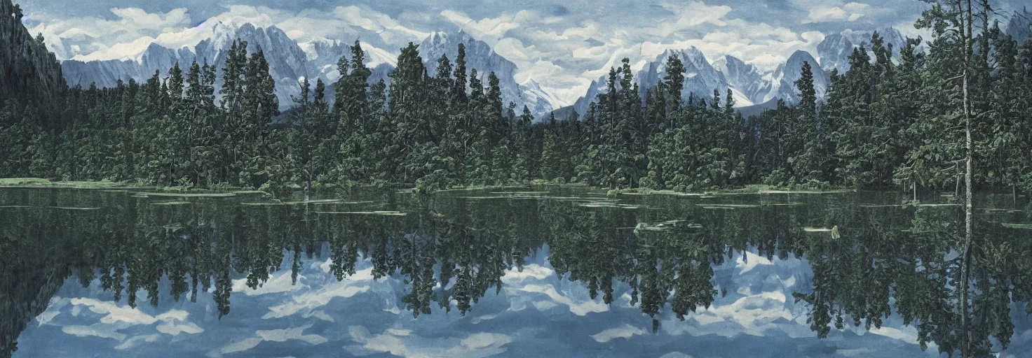 Image similar to escher painting of a lake, big trees reflecting on lake surface, mountains at background, snowy, ultra sharp, ultra detailed, horror emotion, colorized by salvador