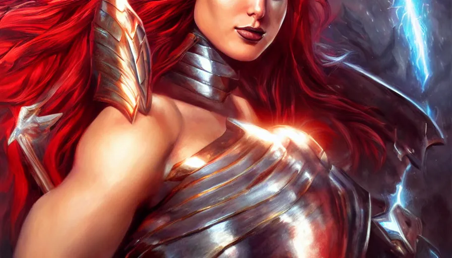 Image similar to painting of gal gadot as muscular and beautiful valkyrie with long red hair, fantasy art, full shot, atmospheric lightning, by artgerm