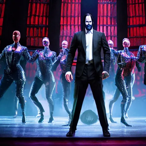 Image similar to Production photo of John Wick the musical on broadway, dancing, singing, fighting, John Wick costumes by Julie Taymor, set design by Julie Taymor