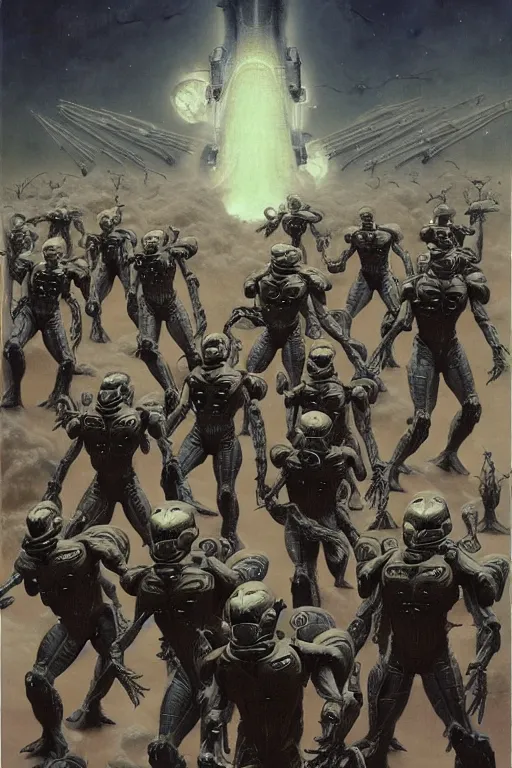 Prompt: starship troopers in the style of wayne barlowe, gustav moreau, goward, bussiere, roberto ferri, santiago caruso, luis ricardo falero, frazetta