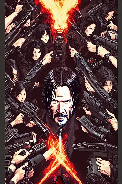 Image similar to poster of john wick, by yoichi hatakenaka, masamune shirow, josan gonzales and dan mumford, ayami kojima, takato yamamoto, barclay shaw, karol bak, yukito kishiro