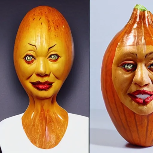 Image similar to a [ gourd ] carved shaped to look like ( amber heard face ) hybrid intercross