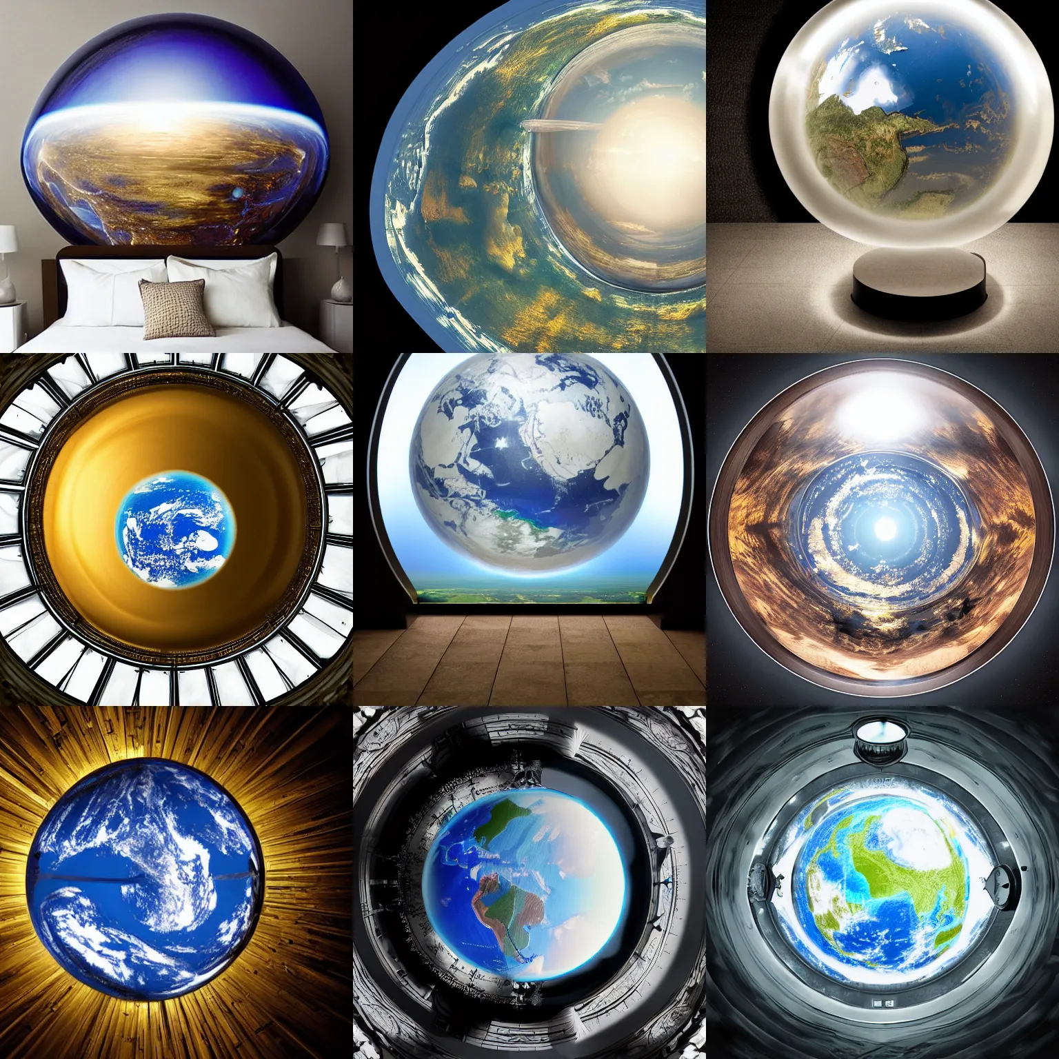 Prompt: flat earth covered by a glass dome, dramatic lighting, hyper realism,