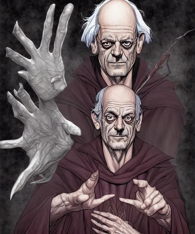 Prompt: a ( fantasy comic ) ( cover art ) portrait of an insane sorcerer who looks like ( christopher lloyd ), digital illustration by jenny frison and sana takeda and kentaro miura, fine inking lines, dnd, highly detailed!, hd, 4 k, trending on artstation