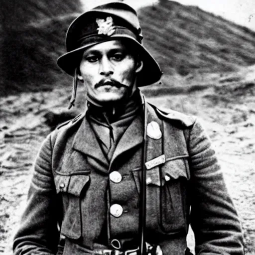 Image similar to Johnny depp as a soldier, ww1 trench, war photo, film grain