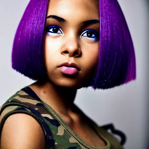 Image similar to black anime manga girl, wearing camo, white french bob, purple colored eyes