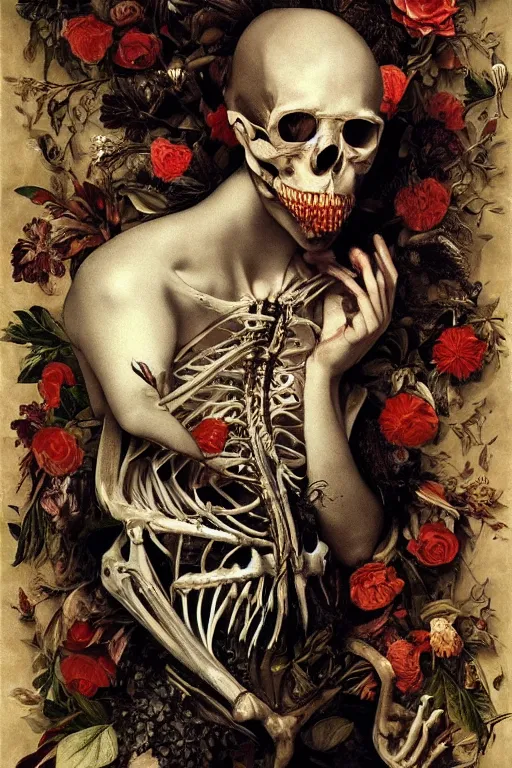 Image similar to Detailed maximalist portrait with large lips and with large white eyes, exasperated expression, extra fleshing limbs, botany bones, HD mixed media, 3D collage, highly detailed and intricate, surreal illustration in the style of Caravaggio, dark art, baroque