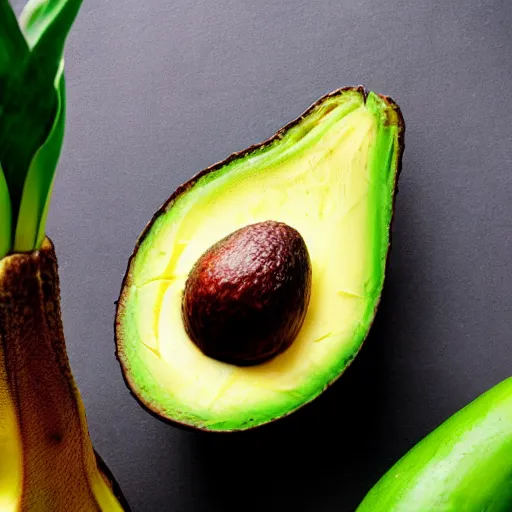 Image similar to avocado that looks like banana, hyper realistic, food photography