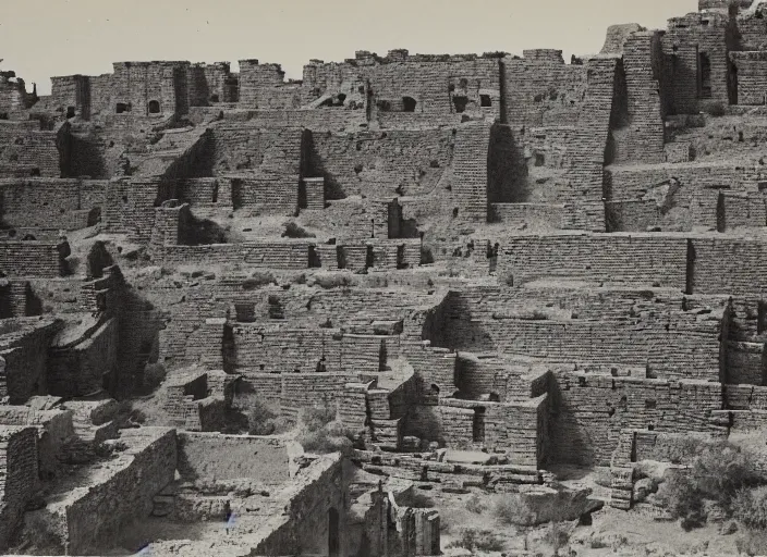 Prompt: Antique photograph of pueblo ruins on a towering Mesa showing terraced gardens in the foreground, albumen silver print, Smithsonian American Art Museum