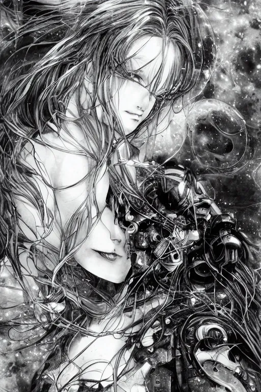 Image similar to a vertical portrait of a character in a scenic environment by Yoshitaka Amano, black and white, dreamy, cybernetic suit, wavy long black hair, highly detailed