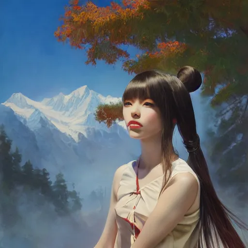 Image similar to oil painting by ilya kuvshinov,, baugh casey, artgerm craig mullins, sakimi, coby whitmore, of a youthful japanese girl, long hair, female warrior in the alps, highly detailed, otherworldly face, disney palace in background studio photography, noon, intense bounced light, water reflection, large tree casting shadow, by zack snyder