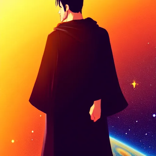 Image similar to a man with with brown hair, wearing a black robe with the tips made of gold, setting in space with a galaxy in the backround, depth of field, on amino, by sakimichan patreon, wlop, weibo high quality art on artstation