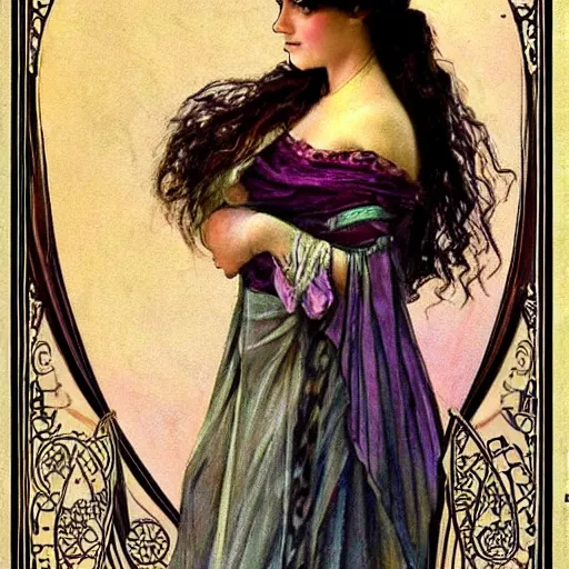 Prompt: gypsy girl, dark hair, art nouveau, jugendstil