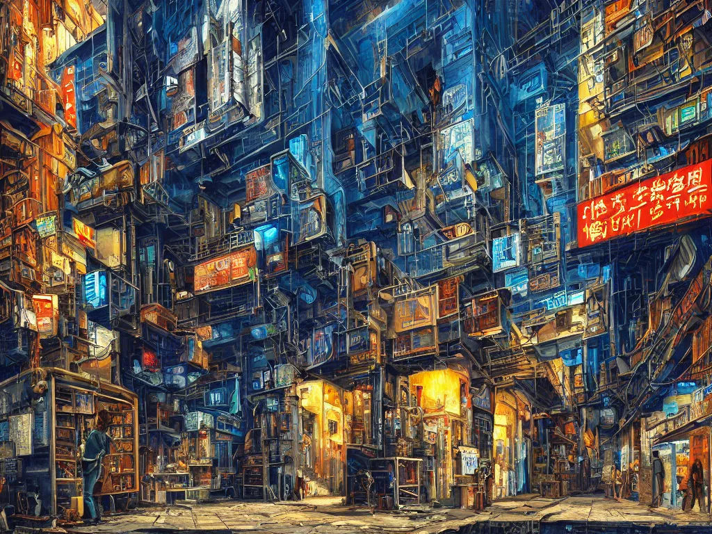 Prompt: realistic painting of a complex and gritty alleyway between two buildings, travelers, technological screens, cyberpunk ads, hieroglyphic signs, computation, intricate detail, noriyoshi ohrai and edward hopper, blue color scheme, realism, hd wallpaper, 8 k resolution