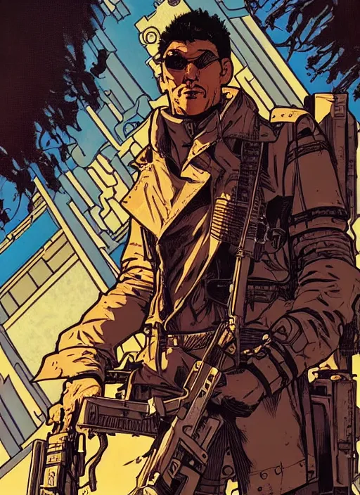 Image similar to hector. cyberpunk mercenary with scenic background. portrait illustration, pop art, art by ashley wood, alphonse mucha, laurie greasley and josan gonzales. cinematic. beautiful lighting.