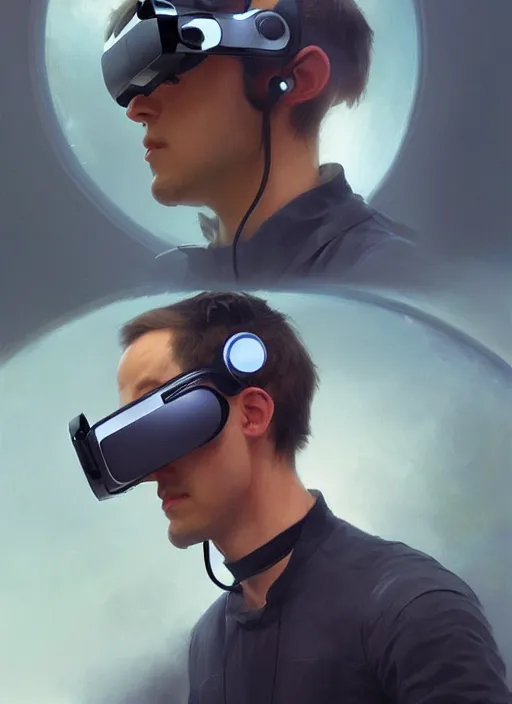 Image similar to man wearing futuristic headset, AR, VR, human computer, VR headset, digital art from artstation by Ruan Jia and Mandy Jurgens and Artgerm and william-adolphe bouguereau