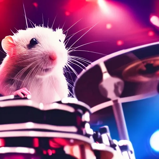 Image similar to a hamster playing drums on a stage in a small club, red and blue stagelights, photorealistic