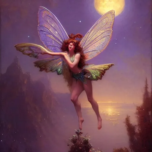 Image similar to attractive fairy magically floating high in the night, fantasy, full moon in background. highly detailed painting by gaston bussiere, craig mullins, j. c. leyendecker, mid shot, 8 k realistic, cryengine, frostbite 3 engine, sharp focus