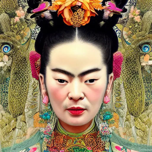 Prompt: ancient chinese goddess, luan bird, artstation, by frida kahlo, by yoshitaka amano, illustration, cinematic, closeup - view, cinecolor, insanely detailed and intricate, hypermaximalist, elegant, ornate, hyper realistic, super detailed, character design, symmetrical face