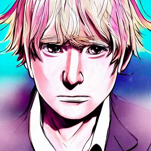 Image similar to cell shaded anime key visual of boris johnson as a catgirl, moebius, makoto shinkai, dramatic lighting