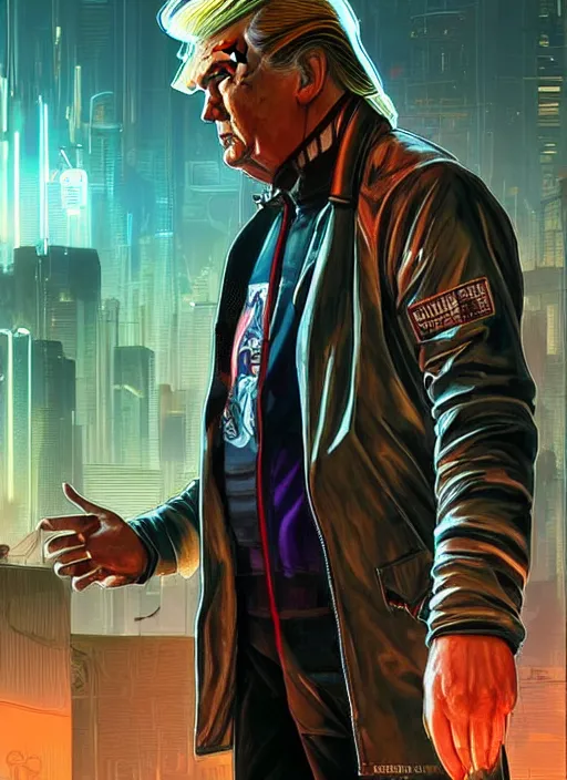 Image similar to portrait of Trump as a homeless character in Cyberpunk 2077, looking at camera, intricate, dystopian, sci-fi, extremely detailed, digital painting, artstation, concept art, smooth, sharp focus, illustration, intimidating lighting, incredible art by artgerm and greg rutkowski and alphonse mucha and simon stalenhag