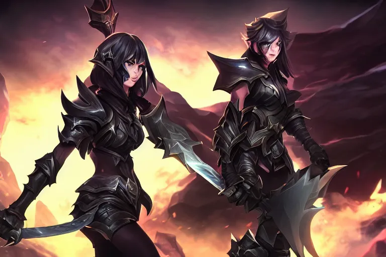 Prompt: A heroine wearing black armor, she is holding a black sword, League of legends splash art