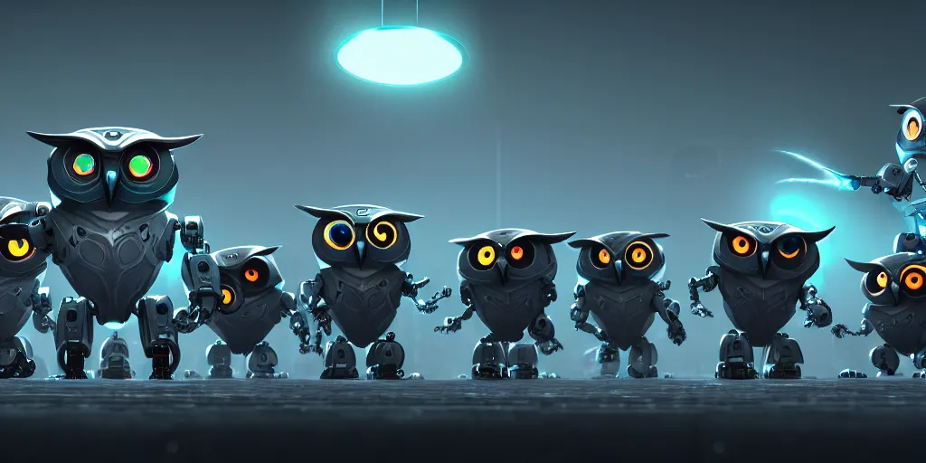 Image similar to an army of evil, malevolent, robot mechincal owls surrounded by computers and computer screens. this 4 k hd image is trending on artstation, featured on behance, well - rendered, extra crisp, features intricate detail and the style of unreal engine. volumetric lighting