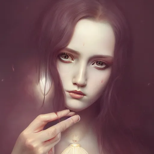 Image similar to tom bagshaw portrait, very beautiful kururu kurasawa in a full dress and long thin lustrous auburn hair, professionally retouched, focus eyes, ultra realistic soft painting, insanely detailed linework, symmetrical accurate intricate features, behance, 8 k