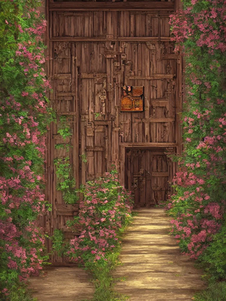 Prompt: Professional digital art detailed old wood rusted castle door entrance with flowers and a long path outside by Evgeny Lushpin, cgsociety, artstation