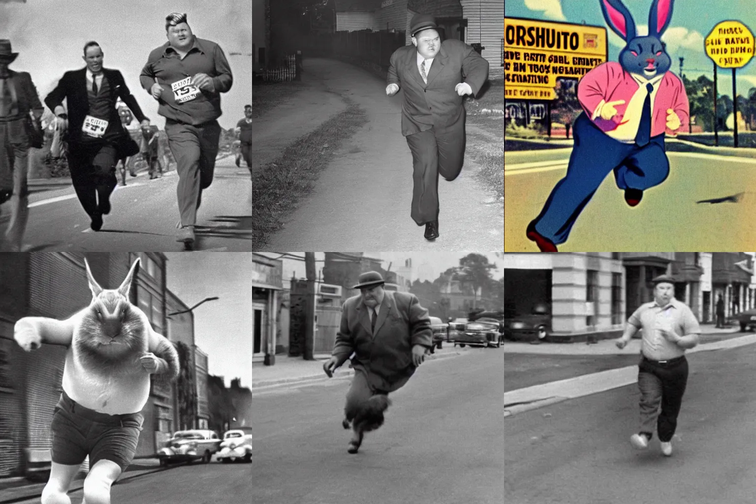 Prompt: big chungus running from cops in 1950's, blurry, smokes everywhere