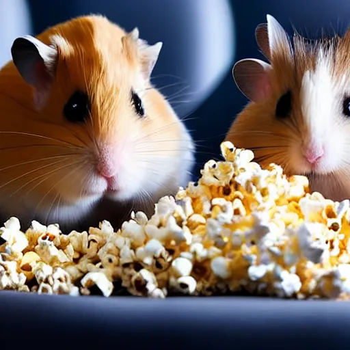 Image similar to photo of two hamsters, bucket of popcorn next to them on a cinema seat, various poses, unedited, dim light, sharp focus, 8 k